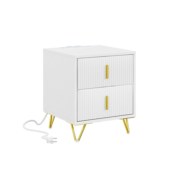 SoBuy Weißer Nachttisch mit 2 Schubladen, Moderner Beistelltisch mit USB-Ladestation, aus MDF, 40×40×47 cm, Tragkraft 25 kg, FBT115-E-W