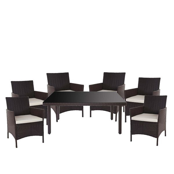Mendler Poly-Rattan-Garnitur Halden, Gartenmöbel Balkon-Set Sitzgarnitur, braun, Kissen creme, 52355+3x52033
