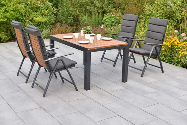 Merxx Santorin Set 9-teilig, 4 Klappsessel, 4 Auflagen, grau, 1 Ausziehtisch, 150 (200) x 90 cm, Aluminium mit FSC Akazienholz, 50224-800