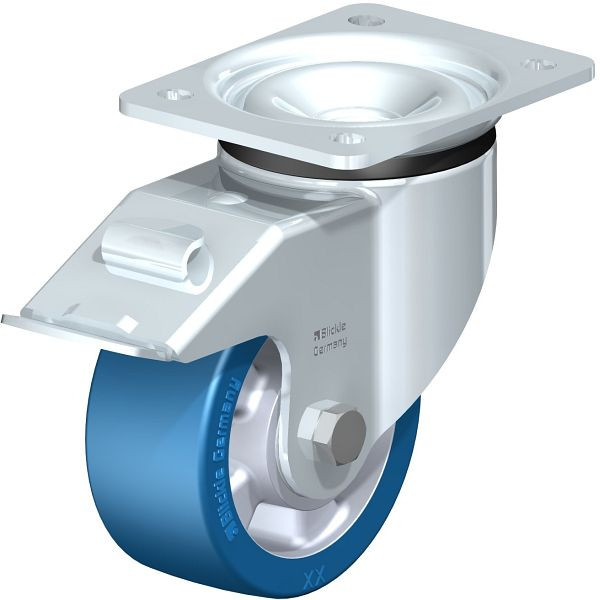 Blickle LK-ALBS 127K-FI Stahlblech-Lenkrolle, schwere Ausführung, mit Anschraubplatte & Feststeller, Blickle Besthane® Soft, Blau, 754762