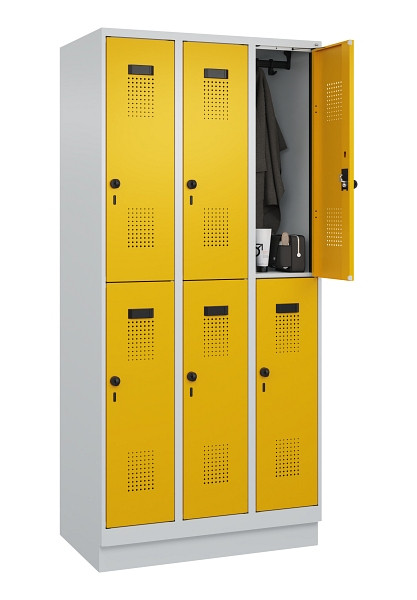 C+P Doppelstöckiger Spind Evolo PLUS, mit Sockel, 6 Fächer, 1950x900x500mm, 7035, Frontfarbe RAL 1004 Goldgelb, Drehriegel, 049320-30 S10000