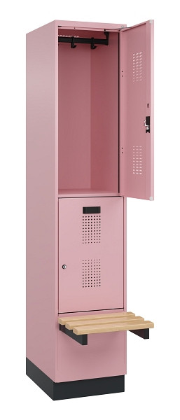 C+P Doppelstock-Spind Evolo PLUS, Bank, 2 Fächer, 1950x400x815mm, 3015/3015, Zylinderschloss, Sitzfläche Buche-Hartholz, mit Sockel, 049340-12 S10051