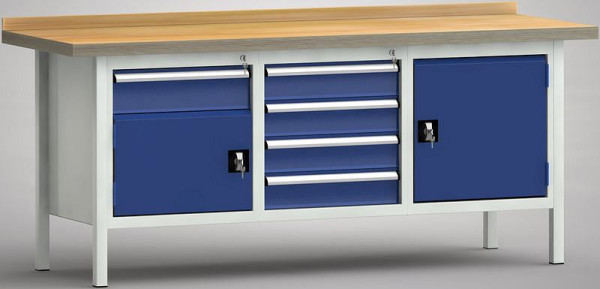 KLW Standard-Werkbank - 2000 x 700 x 840 mm L x T x H, links 150EA/Tür, mittig 4x125EA, rechts Tür, WS247N-2000M40-E7043