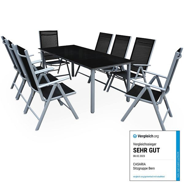 casaria Gartensitzgruppe Bern 9-tlg 8 Personen Silber Alu Schwarz Glas, 993016