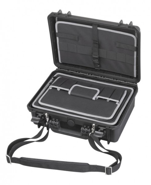MAX wasser- und staubdichter Kunststoffkoffer in schwarz, mit eingesetzter Werkzeugtasche, MAX430TC