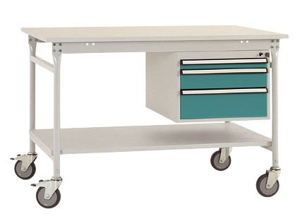 Manuflex Komplett-Beistelltisch BASIS mobil mit Melamin-Platte + Gehäuse-Unterbau, BxTxH: 1000 x 800 x 850 mm, Wasserblau, BB5361.5021
