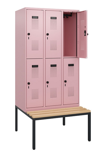 C+P Doppelstöckiger Spind Evolo PLUS, Bank, 6 Fächer, 1950x900x815mm, 3015/3015, Drehriegel, Sitzfläche Buche-Hartholz, Sitzbank, 0493505-30 S10032