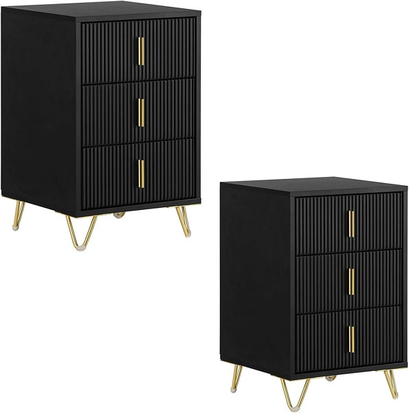 SoBuy 2er Set Nachttisch mit 3 Schubladen Schwarz 40x36x63 cm, Modern, VE: 2 Stück, FBT115-L-SCHx2