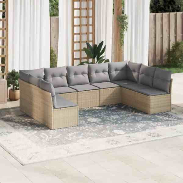 vidaXL 9-tlg. Garten-Sofagarnitur mit Kissen Beige Poly Rattan, UV-beständig, 3249908