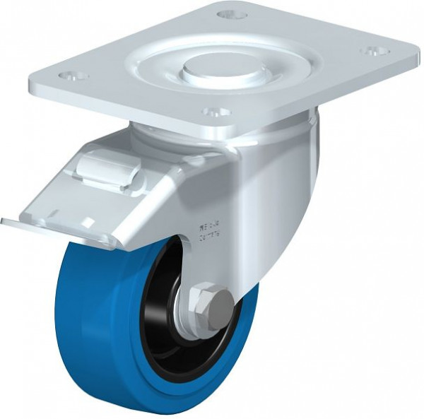 Blickle LH-POEV 100K-3-FI-SB Stahlblech-Lenkrolle, Schwerlast-Ausführung, mit Anschraubplatte & Feststeller, Elastik-Vollgummi, Blau, 741409