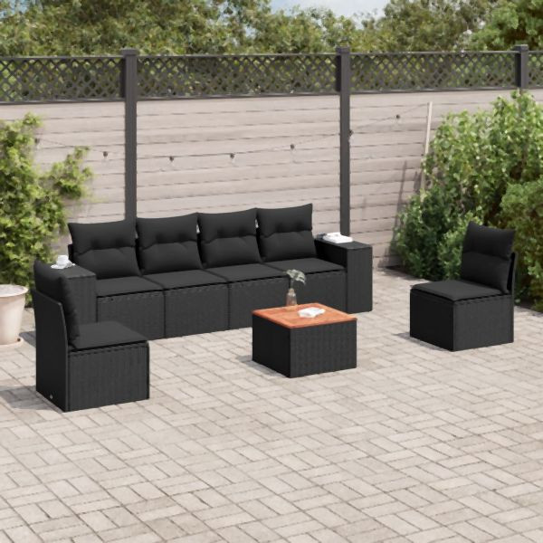 vidaXL 7-tlg. Garten-Sofagarnitur mit Kissen Schwarz Poly Rattan, 3225390