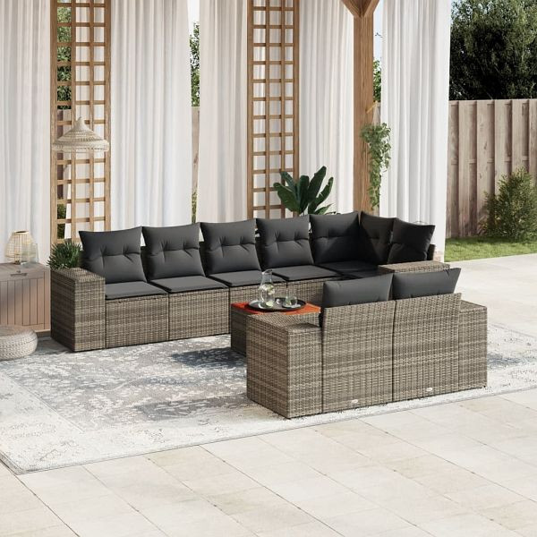 vidaXL 9-teilig Garten-Sofagarnitur mit Kissen Grau Poly Rattan, 3225535