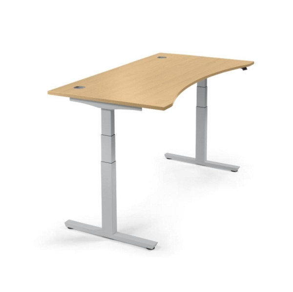 Deskin Sitz-/ Stehschreibtisch Cockpit MULTI M, Buchedekor, B 1800 x T 900/800/900 x H 650 - 1250 mm, T-Fuß-Stahlgestell in Alusilber, 295081