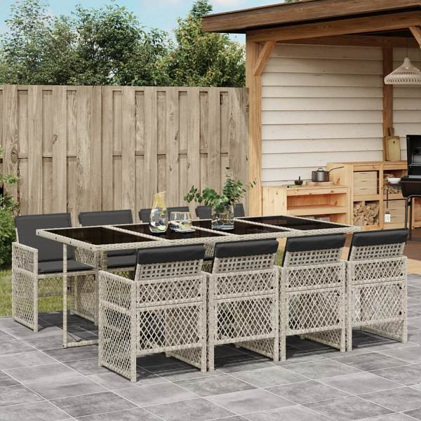 vidaXL 9-tlg. Garten-Essgruppe mit Kissen Hellgrau Poly Rattan, UV-beständig, 3210743