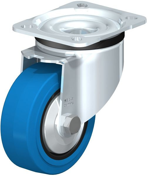 Blickle LK-POEV 100R-1-SB-FA Stahlblech-Lenkrolle, schwere Ausführung, mit Anschraubplatte, Elastik-Vollgummi, Blau, 750330