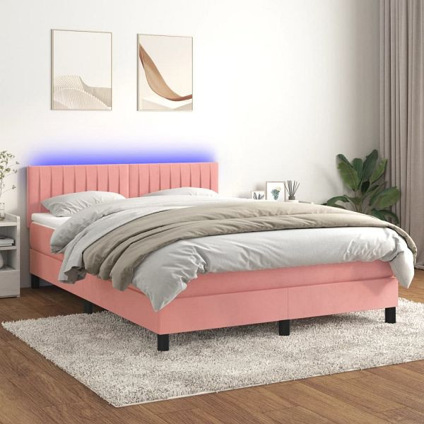 vidaXL Boxspringbett mit Matratze & LED Rosa 140x190 cm Samt, 3134524