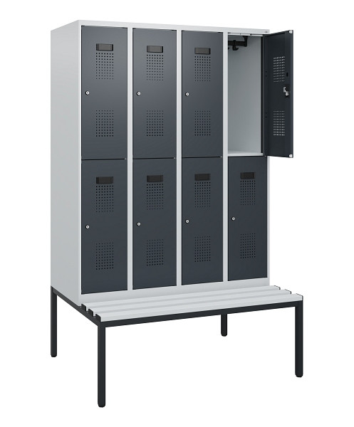 C+P Doppelstöckiger Spind Evolo PLUS, Bank, 8 Fächer, 1950x1200x815mm, 7035/7016, Zylinderschloss, Sitzfläche Kunststoff, Sitzbank, 0493505-40 S10147