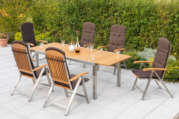 Merxx Keros Set 13-teilig, 6 Klappsessel, 6 Auflagen, braun, 1 Ausziehtisch, 180 (240) x 100 cm, Edelstahl mit FSC Akazienholz, 50245-602
