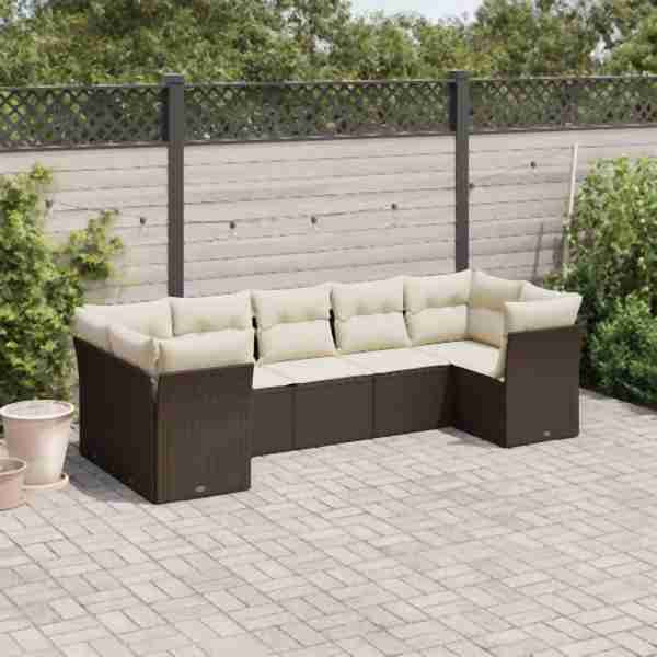 vidaXL 7-tlg. Garten-Sofagarnitur mit Kissen Braun Poly Rattan, UV-beständig, 3249962