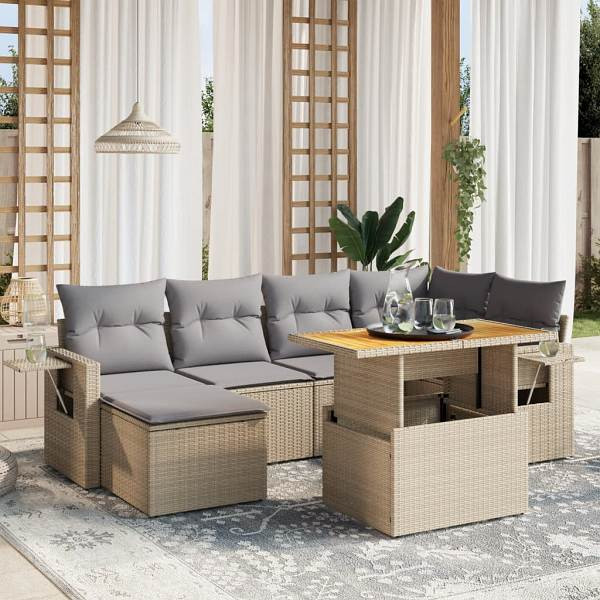 vidaXL 7-tlg. Garten-Sofagarnitur mit Kissen Beige Poly Rattan, UV-beständig, 3271857