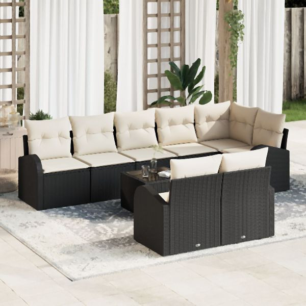 vidaXL 8-teiliges Garten-Sofa-Set mit Kissen in Schwarz und Creme Poly-Rattan, 3346097