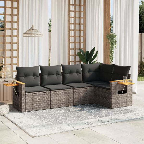vidaXL 5-teilig Garten-Sofagarnitur mit Kissen Grau Poly Rattan, 3259190