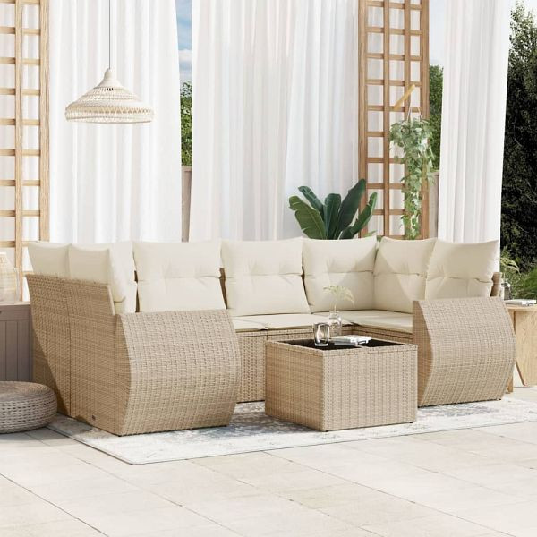 vidaXL 7-teilig Garten-Sofagarnitur mit Kissen Beige Poly Rattan, 3253455