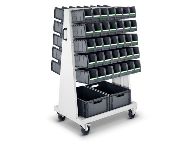 bott perfo Rack plus mobil mit Boxen 4 Schlitzplatten, 72 Boxen BxTxH: 1000 x 650 x 1600 mm, RAL 7035, 14026044.16