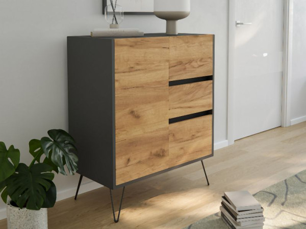 Posseik Sideboard Industrial K 80cm 3 Schubladen 1 Tür Grafit/Eiche Front, PN2088X0000019DE