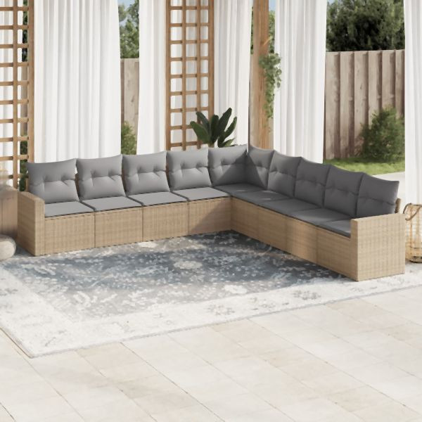 vidaXL 9-tlg. Garten-Sofagarnitur mit Kissen Beige Poly Rattan, 3251426