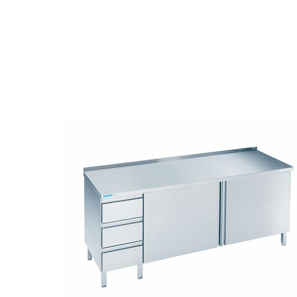 CHROMOnorm Arbeitsschrank mit Flügeltüren und Schubladenblock links, Tiefe 700mm, Tischplatte hinten auf, SF0712CS3L0