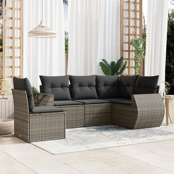 vidaXL 5-teilig Garten-Sofagarnitur mit Kissen Grau Poly Rattan, 3253707