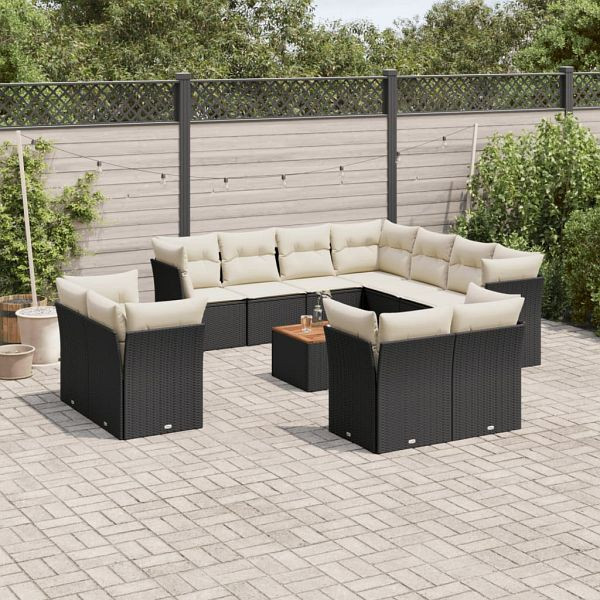 vidaXL 12-teilig Garten-Sofagarnitur mit Kissen Schwarz Poly Rattan, 3223942