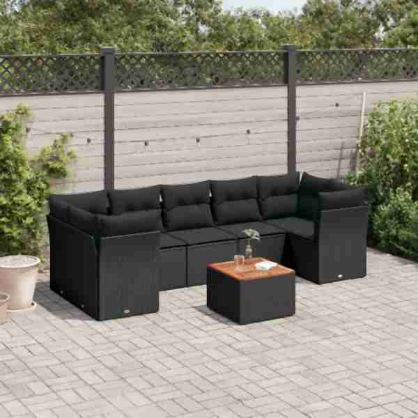 vidaXL 8-tlg. Garten-Sofagarnitur mit Kissen Schwarz Poly Rattan, UV-beständig, 3255838