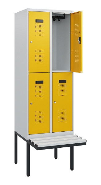 C+P Doppelstock-Spind Evolo PLUS, Bank, 4 Fächer, 1950x600x815mm, 7035/1004, Zylinderschloss, Sitzfläche Kunststoff, 0493405-20 S10135