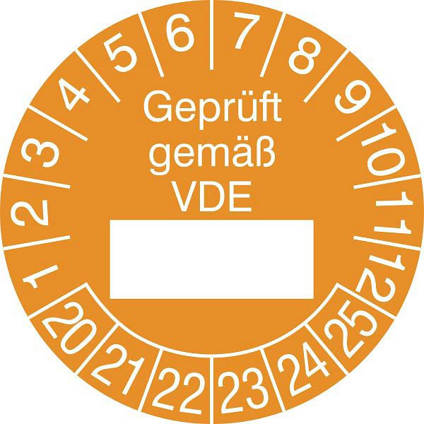 SafetyMarking Prüfplakette - mit Jahresfarbe, Geprüft gemäß VDE, Prüfzeitraum: 20-25, Ø 2,5 cm, Folie, selbstklebend, VE: 500 Stück/Rolle, 31.0807-20-25