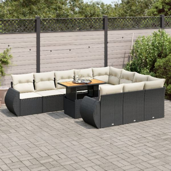 vidaXL 11-tlg. Garten-Sofagarnitur mit Kissen Schwarz Poly Rattan, 3327311