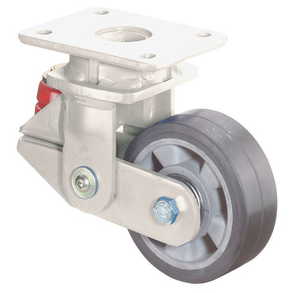 BS Rollen Gefederte Schwerlastrolle, Breite 50 mm, Ø125 mm, bis 220 kg, Elastik-Reifen schwarz, Radkörper Aluminium, Kugellager, T100.B80.125