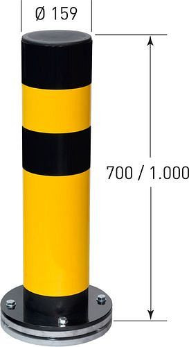 Moravia Rammschutz-Poller gelb beschichtet, schwarze Streifen, drehbarer Bodenteller, Ø: 159 mm, 311077