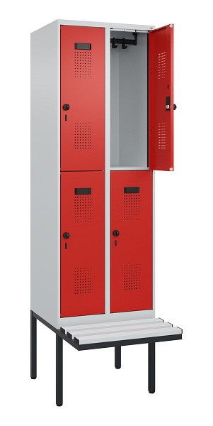 C+P Doppelstock-Spind Evolo PLUS, Bank, 4 Fächer, 2120x600x815mm, 7035/3020, Drehriegel, Sitzfläche Kunststoff, 0493407-20 S10086