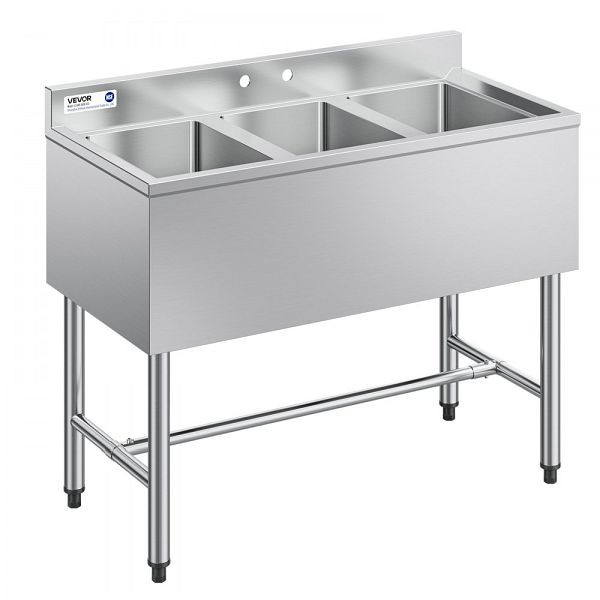 VEVOR Edelstahlspüle mit 3 Becken & Spritzschutz, Küchenspüle (978 x 470 x 838 mm) für Restaurants, Imbisswagen, privat, BXGDLSSCMSSC0LHIC001V0