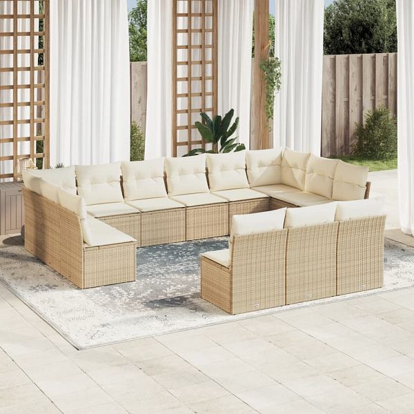 vidaXL 13-teilig Garten-Sofagarnitur mit Kissen Beige Poly Rattan, 3218388