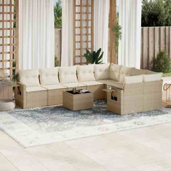 vidaXL 10-tlg. Garten-Sofagarnitur mit Kissen Beige Poly Rattan, UV-beständig, 3252985