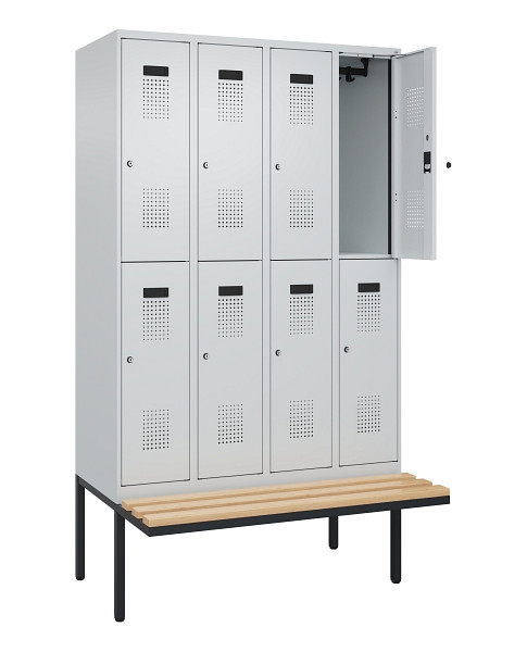 C+P Doppelstock-Spind Evolo PLUS, Bank, 8 Fächer, 2120x1200x815mm, 7035/7035, Zylinderschloss, Sitzfläche Buche-Hartholz, 0493407-40 S10040