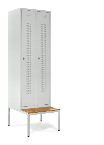 Deskin Garderobenspind SYSTEM SP1 mit Sitzbank, Korpus und Türen Lichtgrau RAL 7035, H 2050 x B 590 x T 800 mm, Drehriegelverschluss, 330741