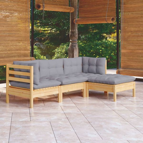 vidaXL 4-teilig Garten-Lounge-Set mit Grauen Kissen Kiefernholz, 3096345