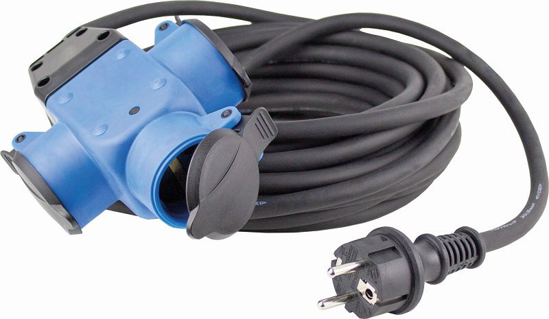 as-Schwabe 3fach Gummiverteiler blau 3 Schutzkontaktsteckdosen mit Klappdeckel, 10m schwere Gummischlauchleitung H07RN-F 3G1,5, 62059