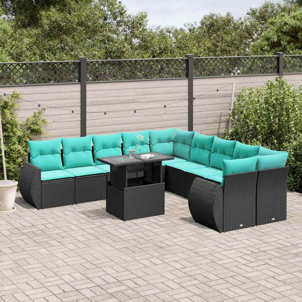 vidaXL 11-teiliges Gartensofa-Set mit Kissen, schwarzes Polyrattan, 3268797