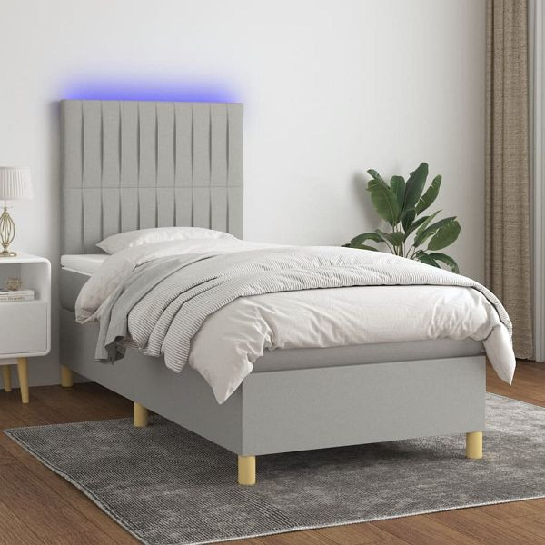 vidaXL Boxspringbett mit Matratze & LED Hellgrau 100x200 cm Stoff, 3135573