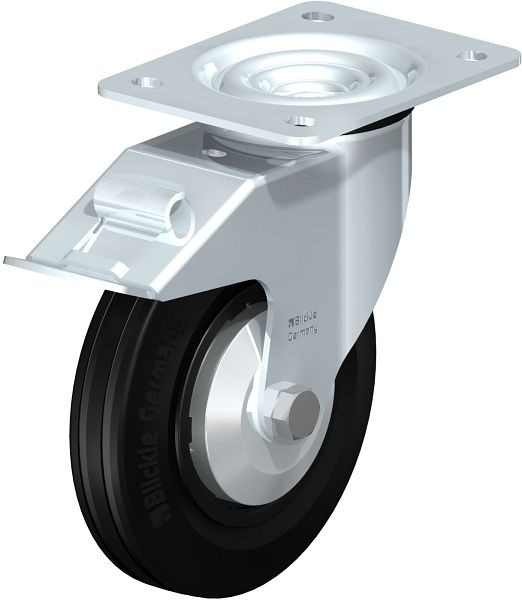 Blickle LE-VPP 160R-FI-FA Stahlblech-Lenkrolle mit Anschraubplatte & Feststeller, Vollgummi, Schwarz, 684126